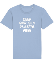 Load image into Gallery viewer, Keep our sea plastic free t-shirt blue