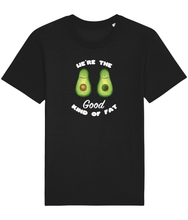Load image into Gallery viewer, Black avocado shirt with the words we're the good kind of fat.