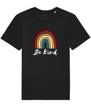 Load image into Gallery viewer, Black unisex vegan t-shirt with a rainbow and the words be kind