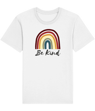 Load image into Gallery viewer, A white vegan shirt with a picture of a boho rainbow and the words be kind