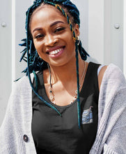 Load image into Gallery viewer, Dairy is scary black embroidered tank top on a model.