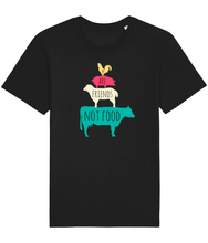 Load image into Gallery viewer, Black vegan shirt with farm animals and the words we are friends not food
