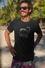 Load image into Gallery viewer, Man on beach wearing a black unisex herbivore dinosaur vegan t-shirt.