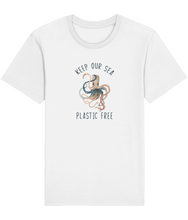 Load image into Gallery viewer, white shirt with a picture of an octopus and the words keep our sea plastic free.