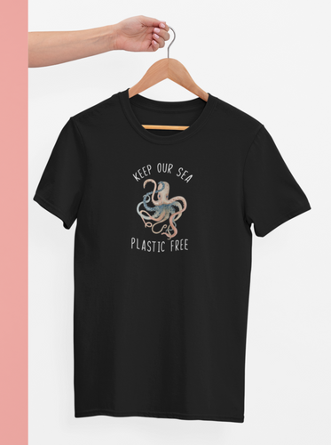 Black keep our sea plastic free shirt with picture of an octopus