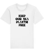 Load image into Gallery viewer, White t-shirt with the words keep our sea plastic free.