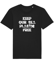 Load image into Gallery viewer, Black unisex vegan shirt with the words keep our sea plastic free