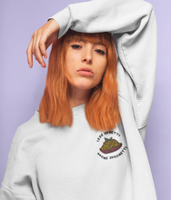 Load image into Gallery viewer, Model wearing a white less upsetti, more spaghetti embroidered sweatshirt