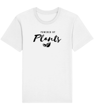 Load image into Gallery viewer, white t-shirt with the words powered by plants and a picture of leaves.