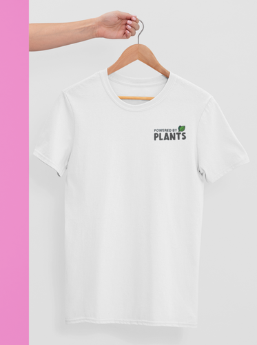 Powered by plants shirt on a hanger