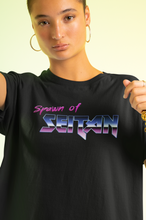 Load image into Gallery viewer, Woman wearing black spawn of seitan vegan shirt