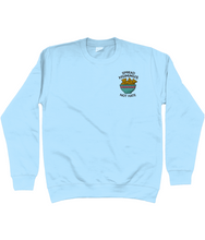Load image into Gallery viewer, Blue embroidered spread hummus not hate sweatshirt.