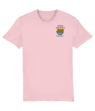 Load image into Gallery viewer, Spread Hummus Not Hate embroidered pink vegan t-shirt 
