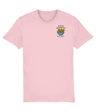 Load image into Gallery viewer, Spread Hummus Not Hate embroidered pink vegan t-shirt