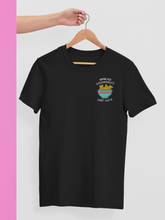 Load image into Gallery viewer, Spread Hummus Not Hate embroidered black vegan t-shirt on a hanger