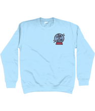 Load image into Gallery viewer, Blue embroidered the future is vegan sweatshirt.
