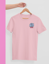 Load image into Gallery viewer, The future is vegan embroidered pink t-shirt on a hanger