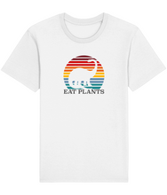 Load image into Gallery viewer, White vegan shirt with a picture of a dinosaur in a retro rainbow sun and the words eat plants.
