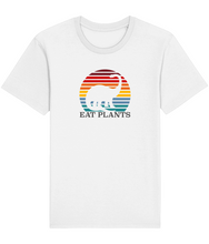Load image into Gallery viewer, White vegan shirt with a picture of a dinosaur in a retro rainbow sun and the words eat plants.