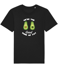 Load image into Gallery viewer, Black avocado shirt with the words we&#39;re the good kind of fat.
