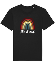 Load image into Gallery viewer, Black unisex vegan t-shirt with a rainbow and the words be kind
