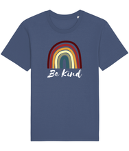 Load image into Gallery viewer, Blue unisex vegan t-shirt with a rainbow and the words be kind

