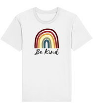 Load image into Gallery viewer, A white vegan shirt with a picture of a boho rainbow and the words be kind
