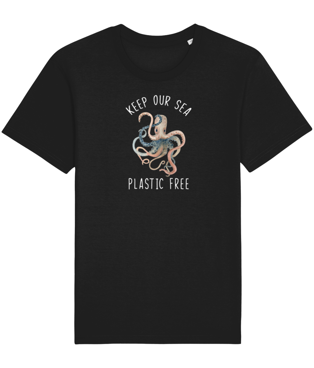 Black unisex vegan shirt with a picture of an octopus and the words keep our sea plastic free.