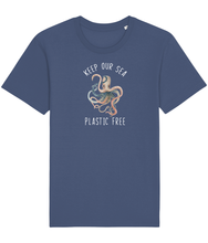 Load image into Gallery viewer, Blue unisex vegan shirt with a picture of an octopus and the words keep our sea plastic free.
