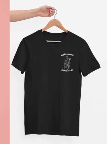 Black cultivate kindness shirt with picture of flowers