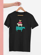 Load image into Gallery viewer, Black friends not food shirt with picture of stacked farm animals
