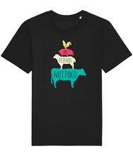 Load image into Gallery viewer, Black vegan shirt with farm animals and the words we are friends not food
