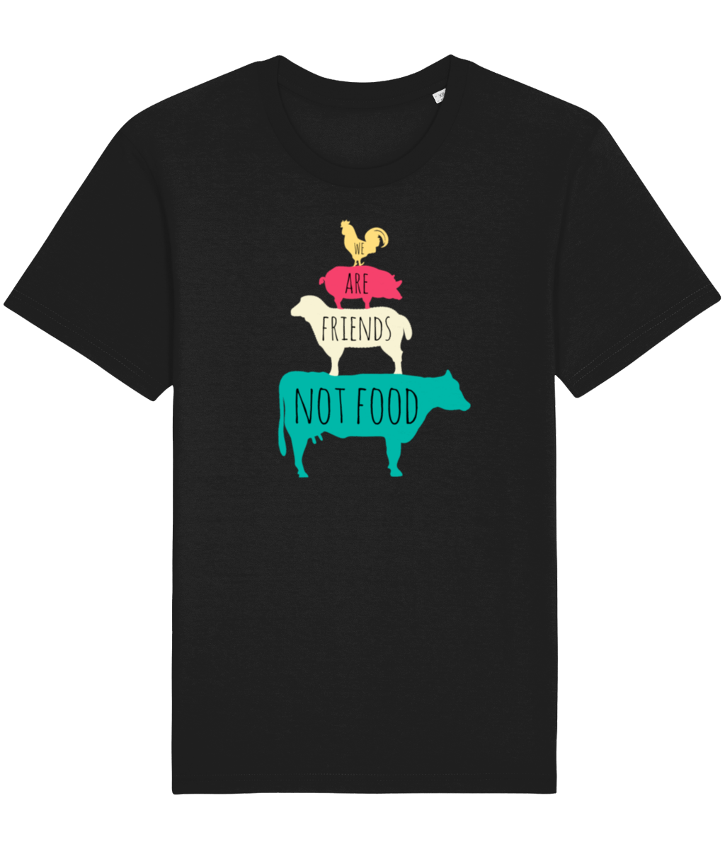 Black vegan shirt with farm animals and the words we are friends not food