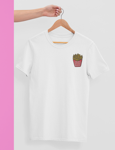 Fries before guys embroidered t-shirt in white on a hanger.