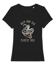 Load image into Gallery viewer, Black keep our sea plastic free octopus t-shirt
