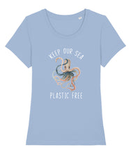 Load image into Gallery viewer, Blue keep our sea plastic free octopus t-shirt

