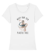 Load image into Gallery viewer, White keep our sea plastic free octopus t-shirt
