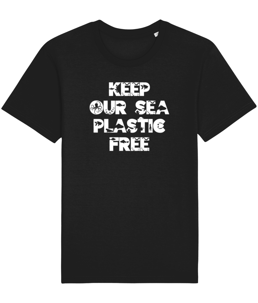 Black unisex vegan shirt with the words keep our sea plastic free