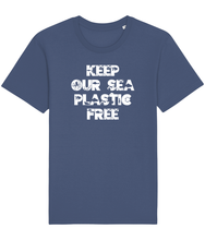 Load image into Gallery viewer, Blue unisex vegan shirt with the words keep our sea plastic free
