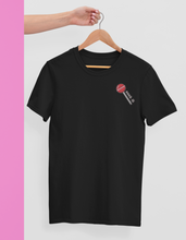 Load image into Gallery viewer, Suck it embroidered t-shirt in black on a hanger
