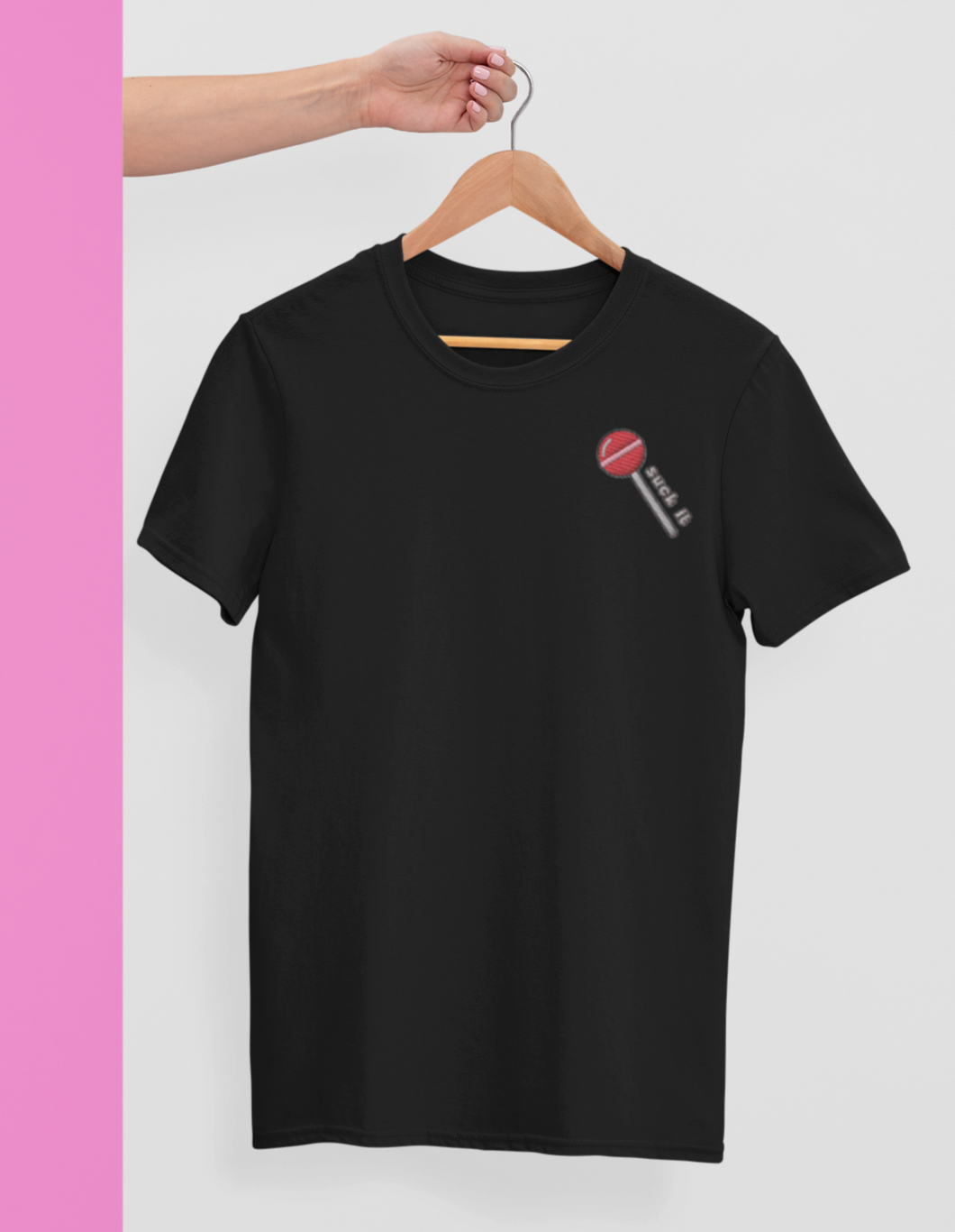 Suck it embroidered t-shirt in black on a hanger