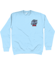 Load image into Gallery viewer, Blue embroidered the future is vegan sweatshirt.
