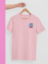 Load image into Gallery viewer, The future is vegan embroidered pink t-shirt on a hanger
