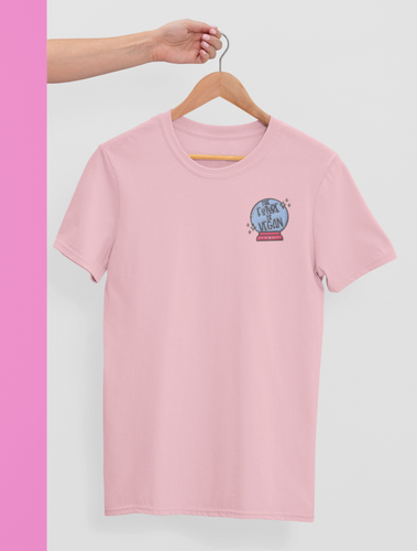 The future is vegan embroidered pink t-shirt on a hanger