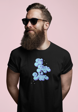 Load image into Gallery viewer, Man wearing the future is vegan shirt in blue retro-style font
