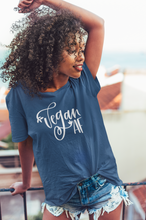 Load image into Gallery viewer, Woman wearing a blue vegan af t-shirt
