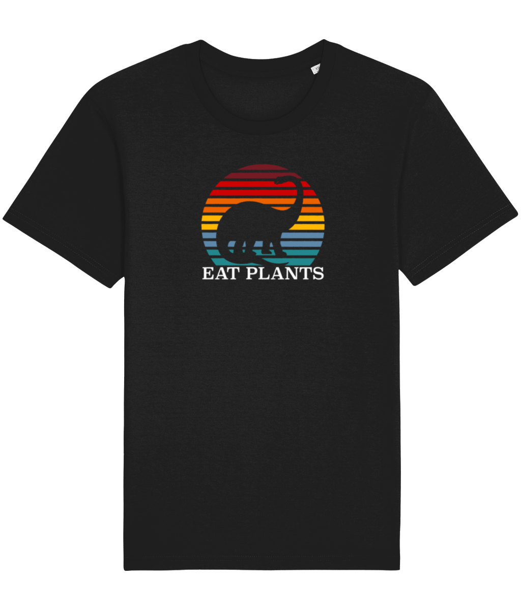 Black vegan shirt with a picture of a dinosaur in a rainbow sun and the words eat plants.
