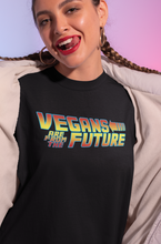 Load image into Gallery viewer, Woman wearing black vegans are from the future t-shirt

