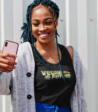 Load image into Gallery viewer, Vegans are from the future black tank top on a model with a phone
